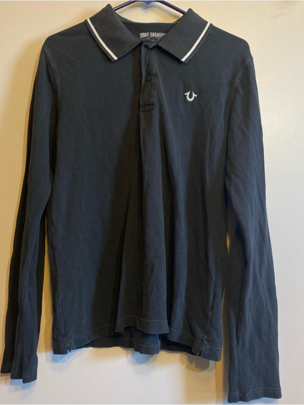 True Religion Long Sleeve Polo Shirt Men's Medium Black Casual Cotton